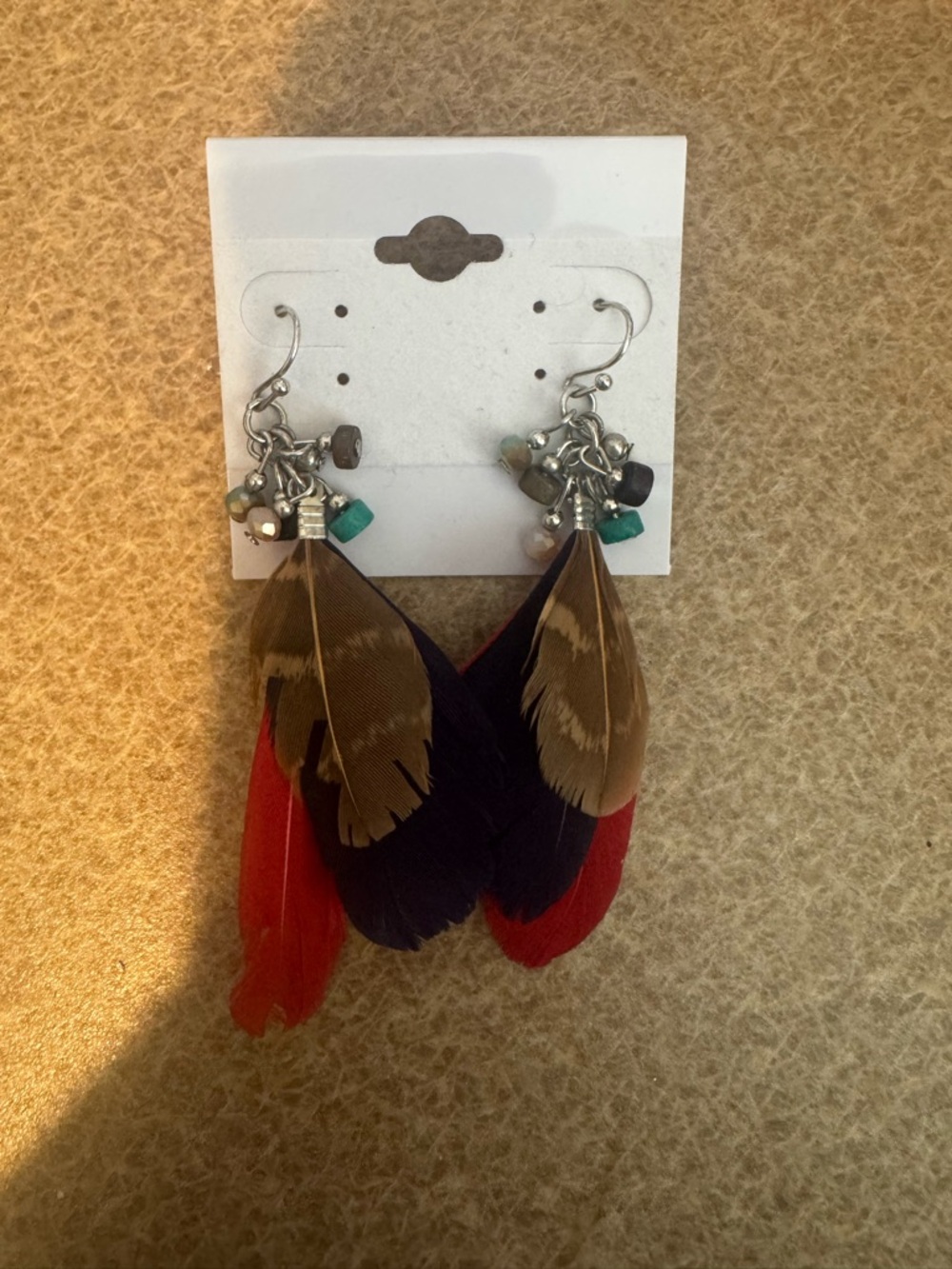 Feather Drop Earrings – Red, Black & Brown